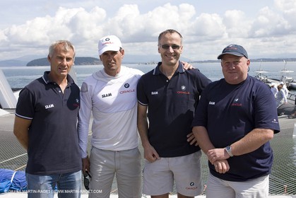 08 07 2008 - Valencia (ESP) - 33rd America's Cup - BMW ORACLE Racing - Mike Drummond (Design Coordinator), Russell Coutts (CEO, skipper), Tim Smith (Boatbuilder), Mark Turner (Boat Builder)
