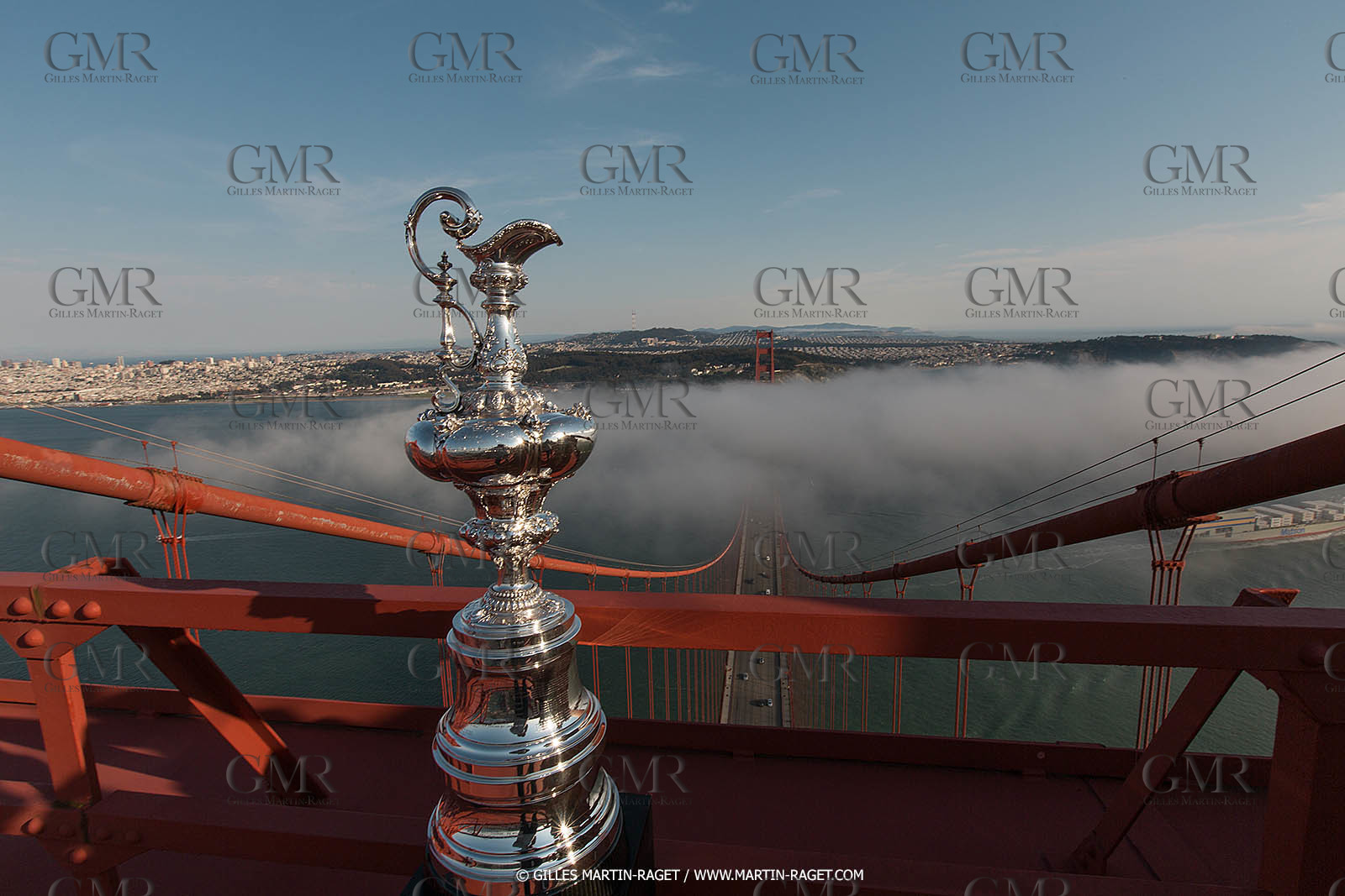 03 07 2013 - San Francisco (USA, CA) - 34th America's Cup - The America's Cup Trophy at the top of Golden Gate Bridge