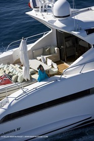 06 09 2007 - Saint Tropez (FRA, 83) - Superyachts - Motoryachts - Mangusta 92 Triple Fun in Saint Tropez - Mooring at Club 55 at Pampelonne Beach