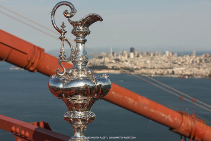 03 07 2013 - San Francisco (USA, CA) - 34th America's Cup - The America's Cup Trophy at the top of Golden Gate Bridge