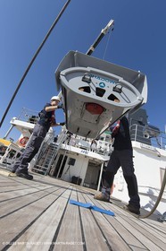 11 09 2014 - la Ciotat (FRA,13) - onboar Al Azzizi, oceanographic research ship buit by H2X boat yard, measure devices manipuation