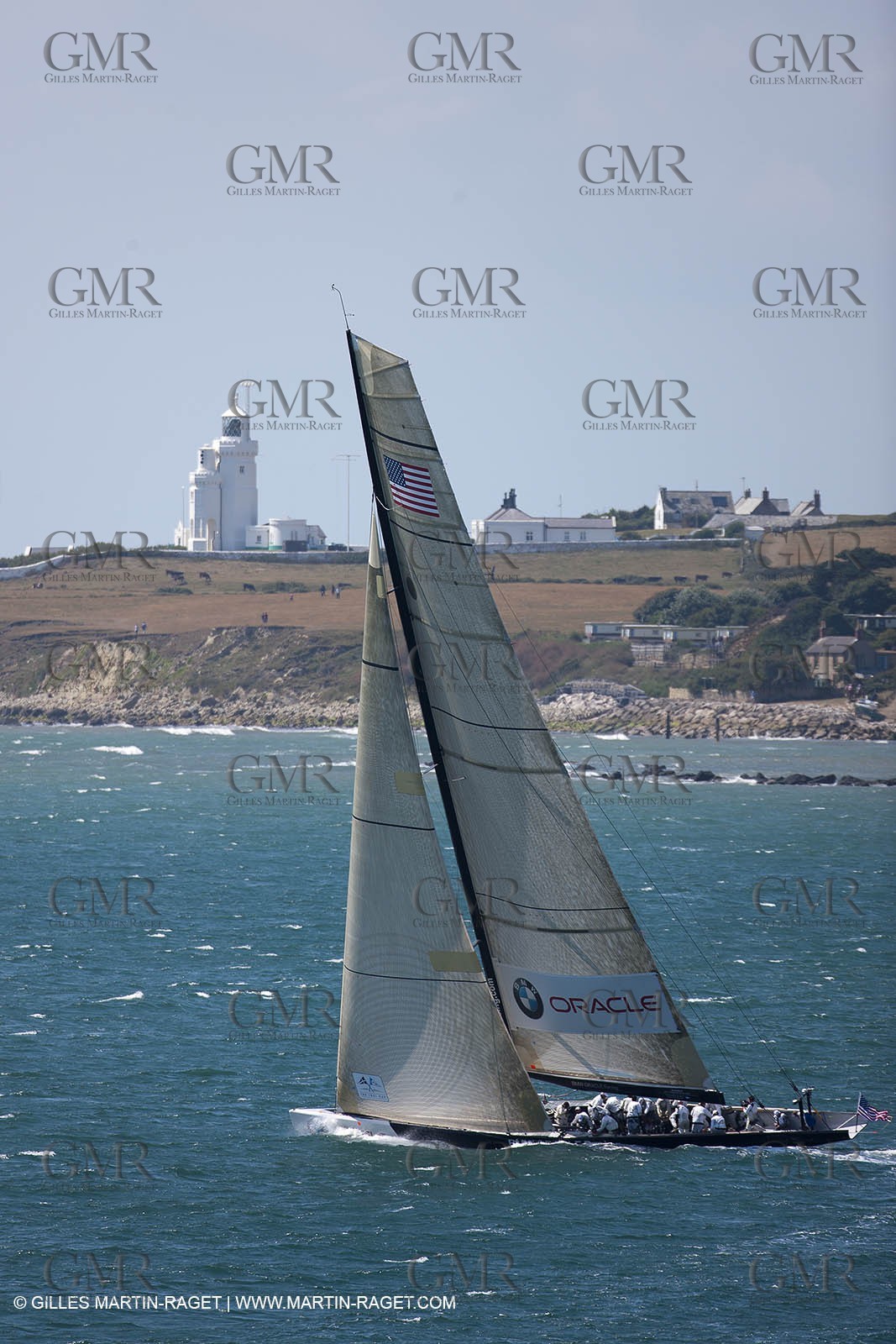 05 08 2010 - Cowes (UK, IOW) - The 1851 Cup -  BMW ORACLE Racing -  - Round The Island Race - Passing Ste Catherine Lighthouse.