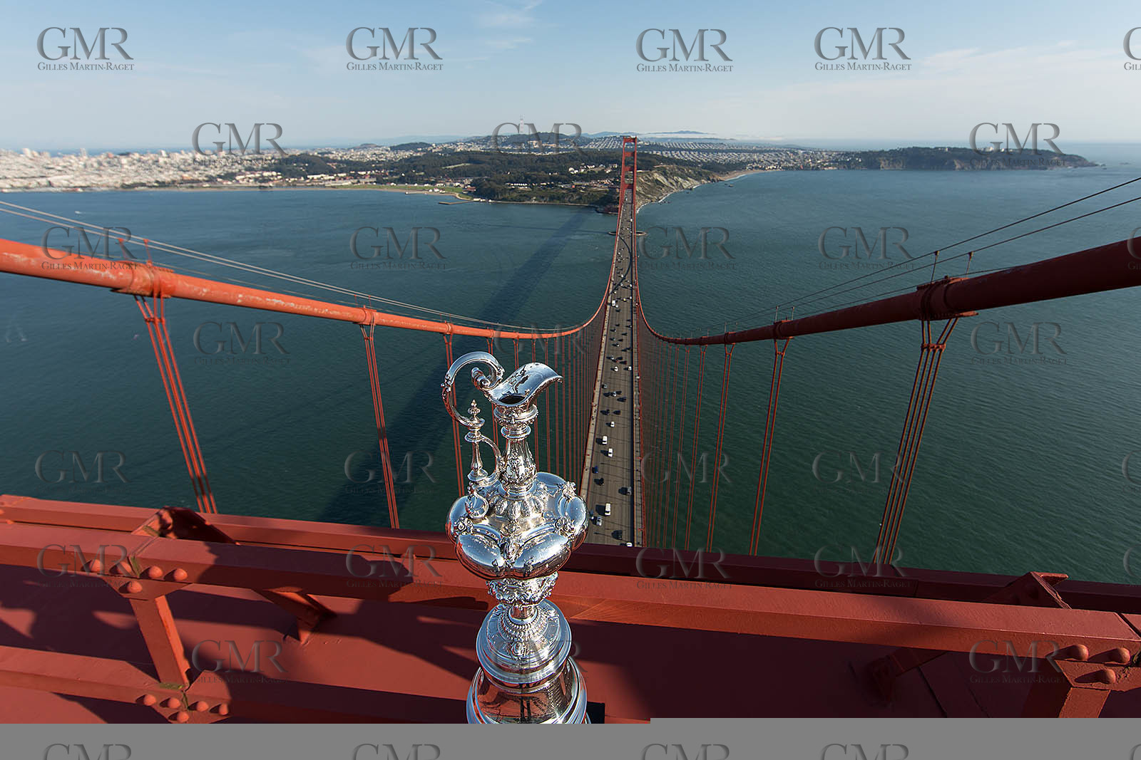 03 07 2013 - San Francisco (USA, CA) - 34th America's Cup - The America's Cup Trophy at the top of Golden Gate Bridge