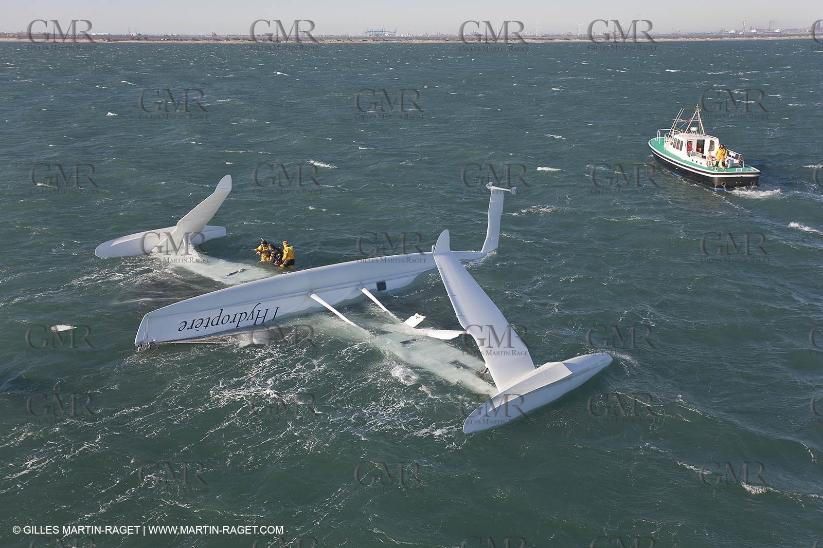 21 12 2008 - Port Saint Louis du Rhône (South of France) - The Hydroptere just after its capsize when trying to beat the overall sailing speed record