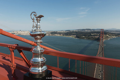 03 07 2013 - San Francisco (USA, CA) - 34th America's Cup - The America's Cup Trophy at the top of Golden Gate Bridge