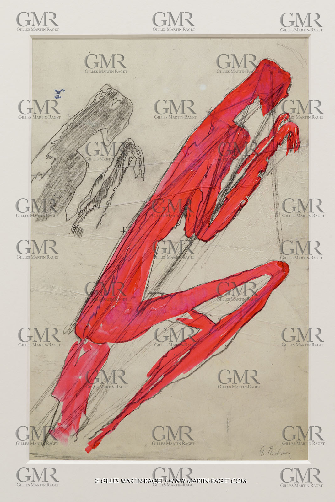 02 05 2023, Paris (FRA), oeuvre de Germaine Richier, Exposition Centre Pompidou 2023, La Mante religieuse vers 1946, Lavis d'encre rouge et au fusain rehaussé à la gouache sur papier calque contrecollé sur carton, signé en bas à droite, 49 x 32,6 cm, Galerie de la Béraudière, Bruxelles