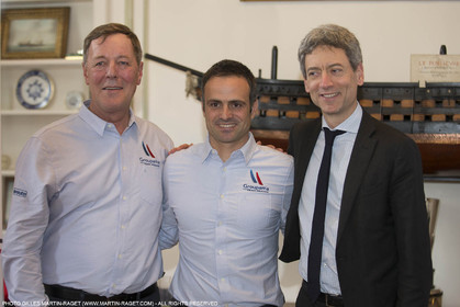 22 02 2016, Paris (FRA), 35th America's Cup, Groupama Team France announces Norauto as official partner at Yacht Club de France,  Thibault Derville (Norauto), Franck Cammas, Sylvain Burel (Dir. Com. Groupama)