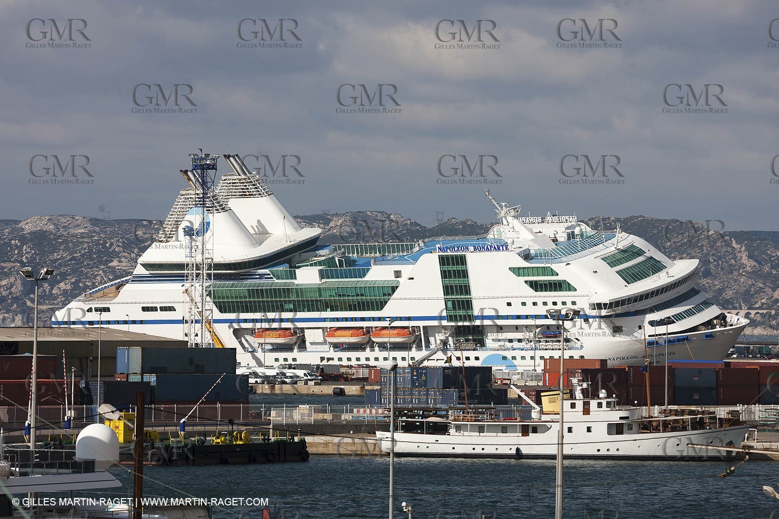 28 10 2012- Marseille (FRA,13) - Mistral force 11 gale - Ferry Napoleon Bonaparte has been damaged after its docking lines broke. The ship hit a quay and 2 watertight compartments have been submersed.