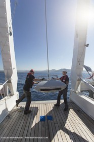 11 09 2014 - la Ciotat (FRA,13) - onboar Al Azzizi, oceanographic research ship buit by H2X boat yard, measure devices manipuation
