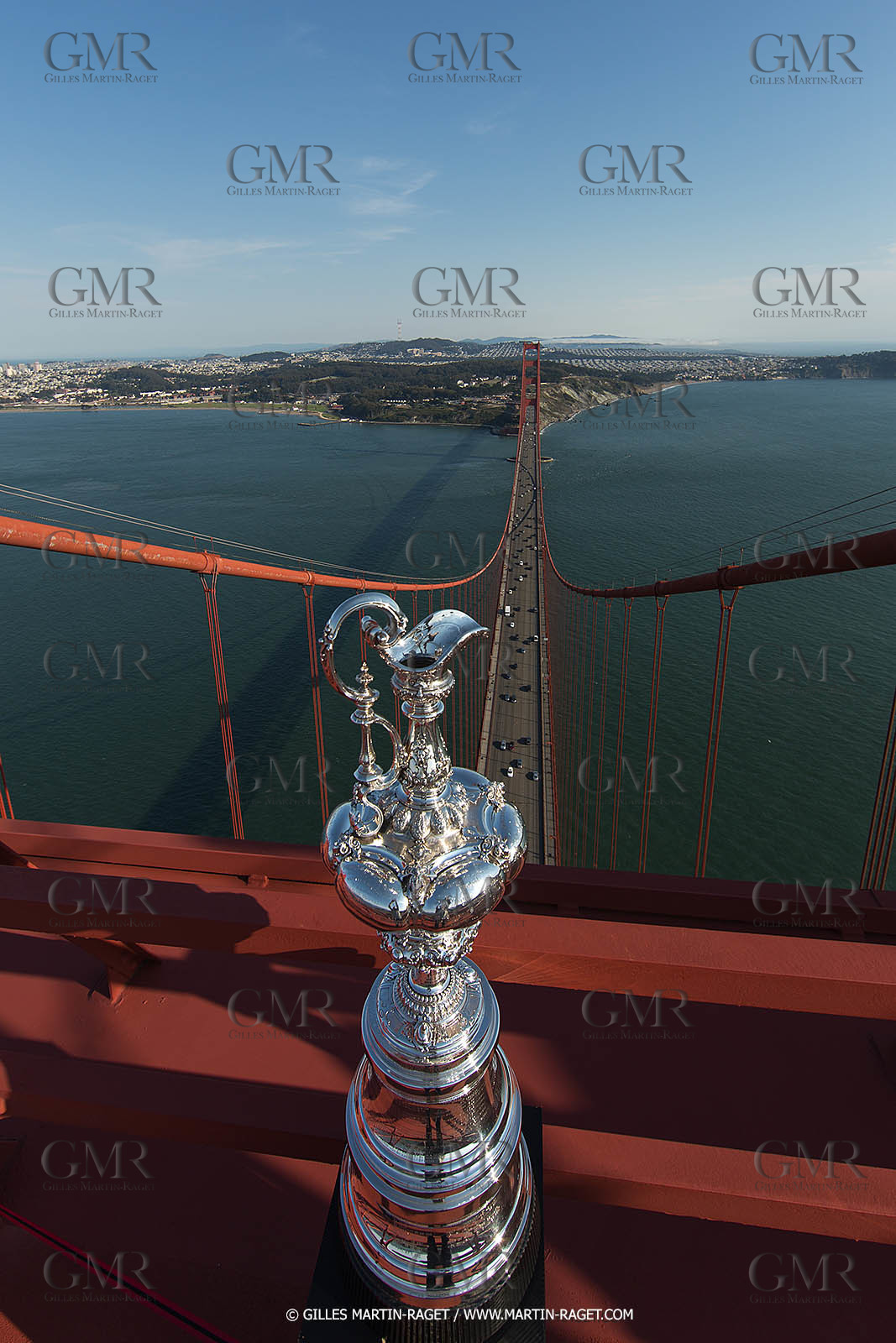 03 07 2013 - San Francisco (USA, CA) - 34th America's Cup - The America's Cup Trophy at the top of Golden Gate Bridge