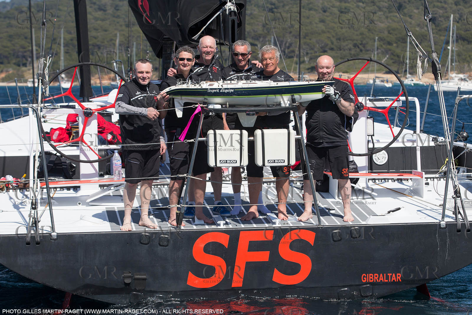 05 05 2016, Porquerolles (FRA,83), Semaine de Porquerolles, célébration des 30 and de lla victoire de l'Esprit d'Equipe dans la Whitbread, l'équipage se retrouve à bord du maxi SFS skippé par Lionel Péan