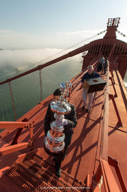 03 07 2013 - San Francisco (USA, CA) - 34th America's Cup - The America's Cup Trophy at the top of Golden Gate Bridge