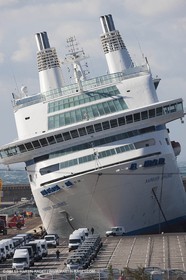 28 10 2012- Marseille (FRA,13) - Mistral force 11 gale - Ferry Napoleon Bonaparte has been damaged after its docking lines broke. The ship hit a quay and 2 watertight compartments have been submersed.