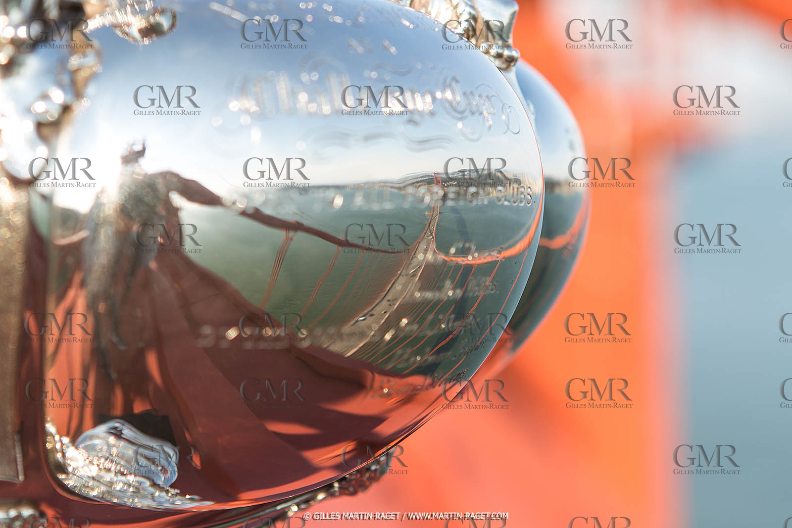 03 07 2013 - San Francisco (USA, CA) - 34th America's Cup - The America's Cup Trophy at the top of Golden Gate Bridge