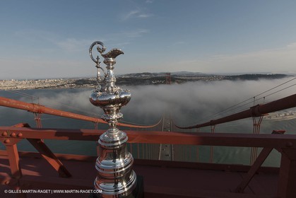 03 07 2013 - San Francisco (USA, CA) - 34th America's Cup - The America's Cup Trophy at the top of Golden Gate Bridge