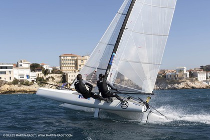 26 03 2013 - Marseille (FRA,13) - Ingrid Petitjean et Olivier backes training on their Nacra 17 in breezy conditions