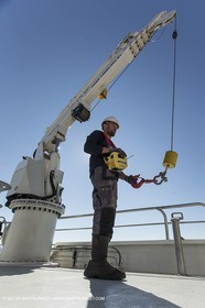 11 09 2014 - la Ciotat (FRA,13) - onboar Al Azzizi, oceanographic research ship buit by H2X boat yard, measure devices manipuation