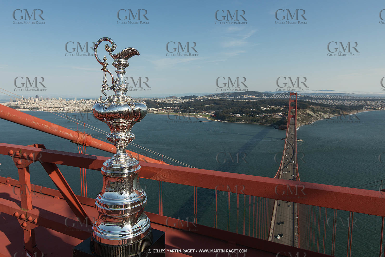 03 07 2013 - San Francisco (USA, CA) - 34th America's Cup - The America's Cup Trophy at the top of Golden Gate Bridge