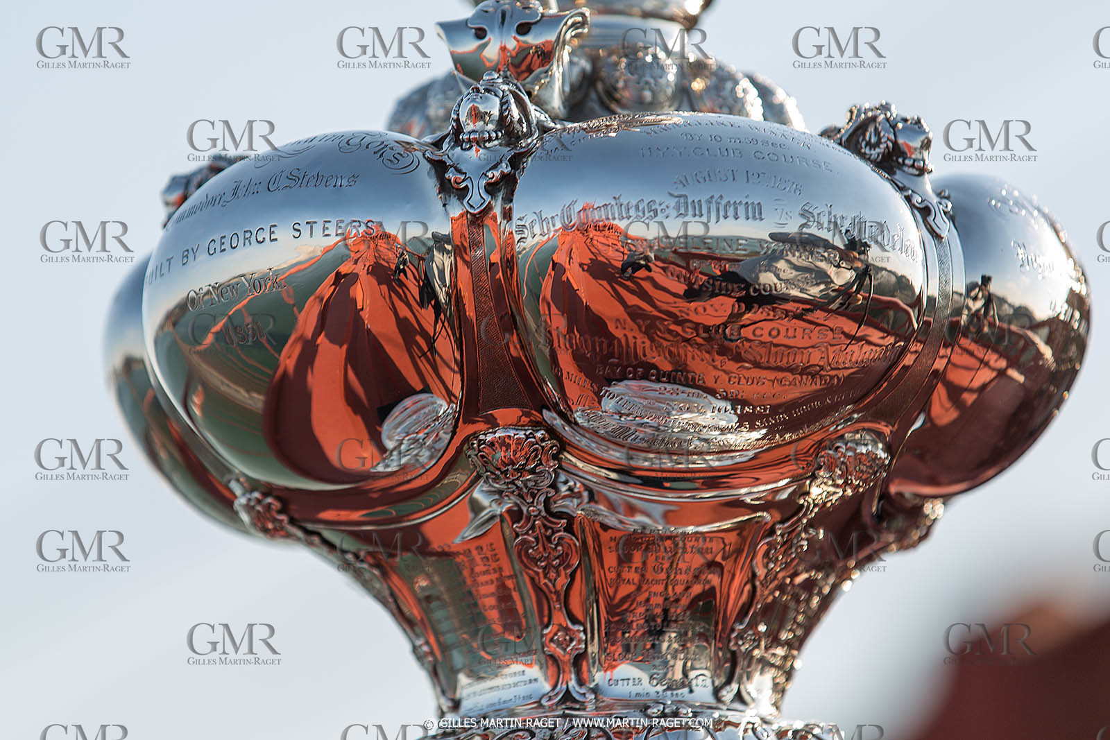 03 07 2013 - San Francisco (USA, CA) - 34th America's Cup - The America's Cup Trophy at the top of Golden Gate Bridge