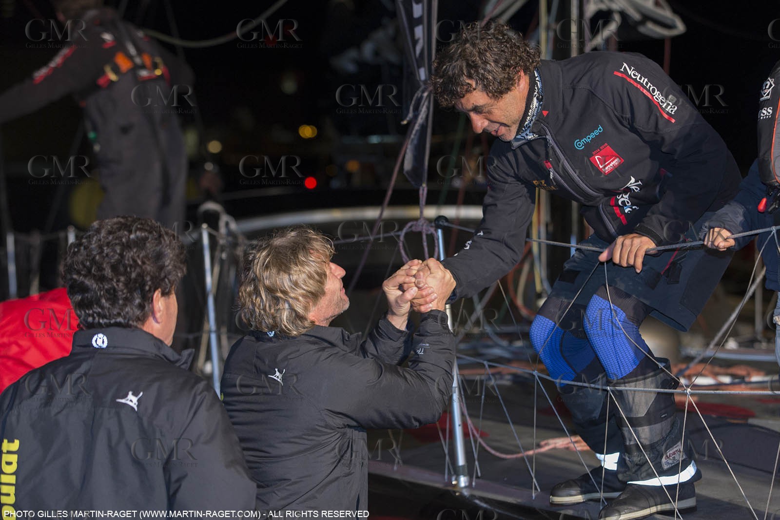 30 03 2015, Barcelona (ESP), Barcelona World Race 2014-15, Neutrogena (Guillermo Altadill, José Muñoz) arrival in 2nd place.