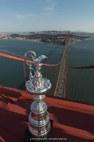 03 07 2013 - San Francisco (USA, CA) - 34th America's Cup - The America's Cup Trophy at the top of Golden Gate Bridge