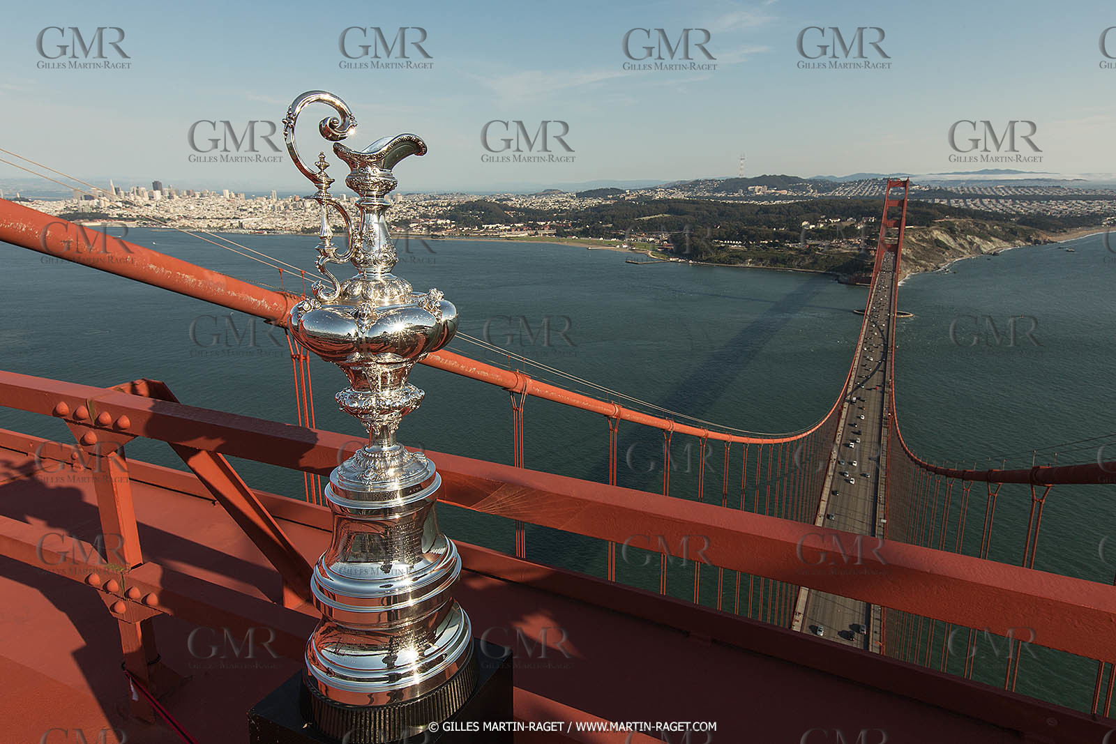 03 07 2013 - San Francisco (USA, CA) - 34th America's Cup - The America's Cup Trophy at the top of Golden Gate Bridge