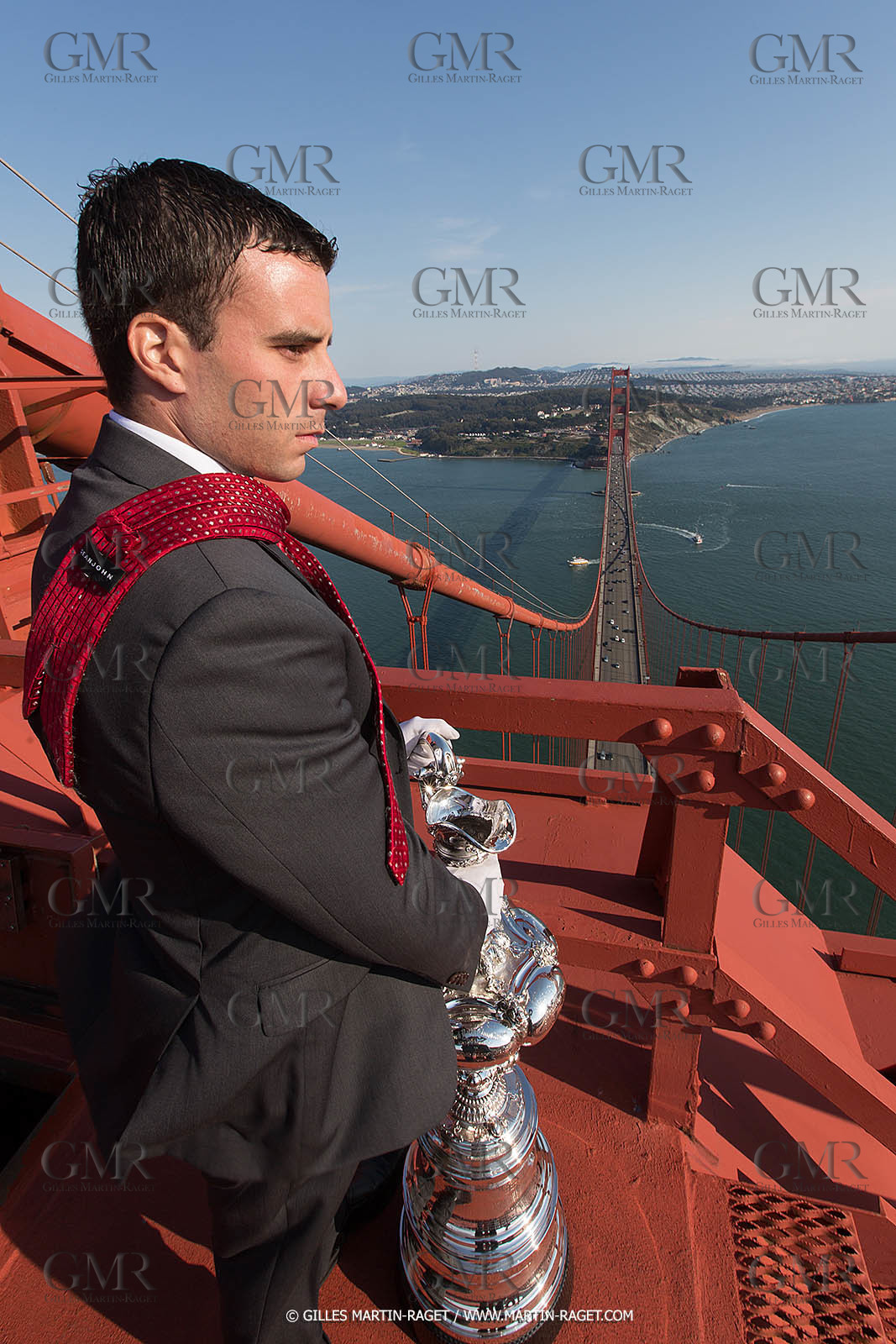 03 07 2013 - San Francisco (USA, CA) - 34th America's Cup - The America's Cup Trophy at the top of Golden Gate Bridge