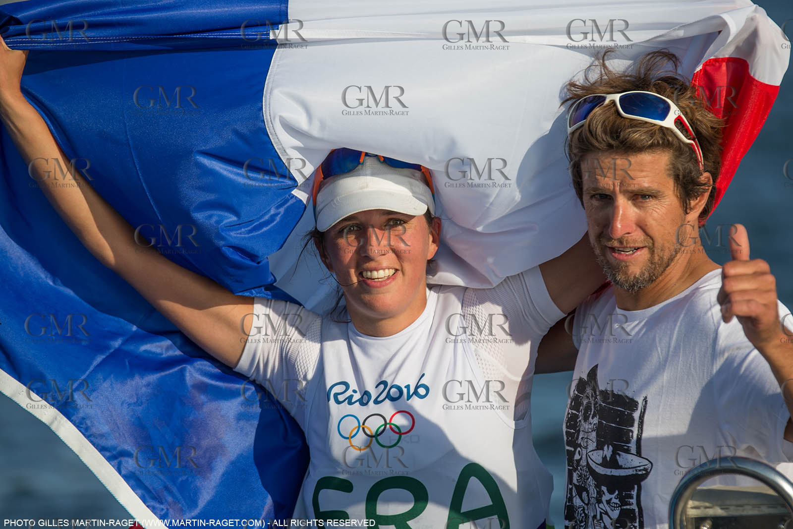 14 08 2016, Rio de Janeiro (BRA), 2016 Olympic Games, Sailing, RSX Women medal race, Charline Picon, gold medalist and her coach Cédric Leroy