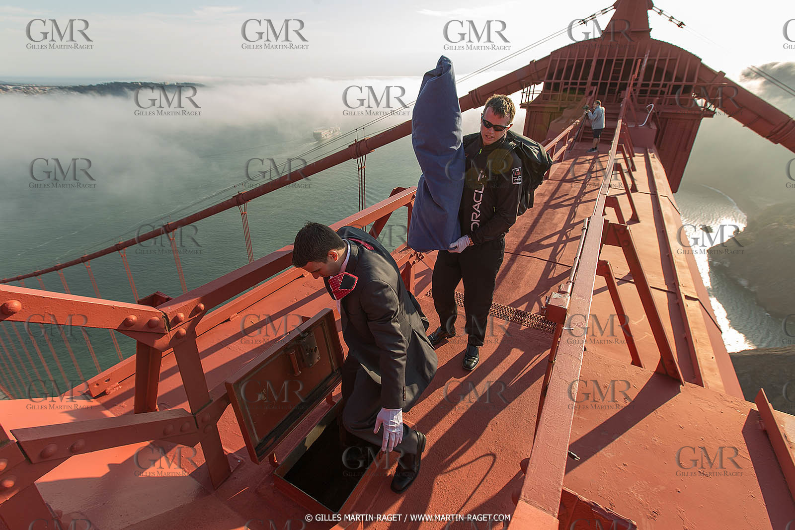 03 07 2013 - San Francisco (USA, CA) - 34th America's Cup - The America's Cup Trophy at the top of Golden Gate Bridge