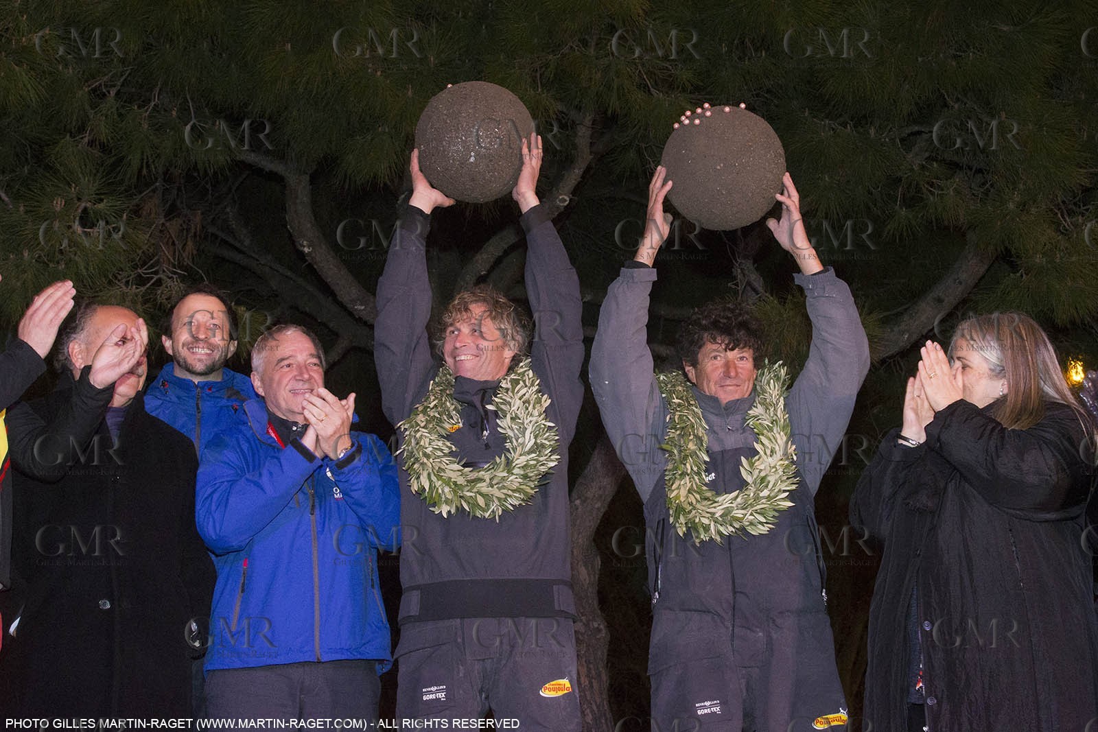 25 03 2015, Barcelona (ESP), Barcelona World Race 2014-15, Cheminées Poujoulat (Bernard Stamm Jean Le Cam) arrival in 1st place.