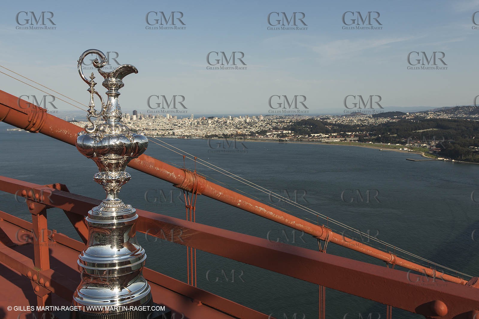 03 07 2013 - San Francisco (USA, CA) - 34th America's Cup - The America's Cup Trophy at the top of Golden Gate Bridge