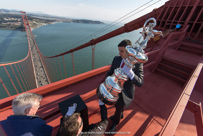 03 07 2013 - San Francisco (USA, CA) - 34th America's Cup - The America's Cup Trophy at the top of Golden Gate Bridge