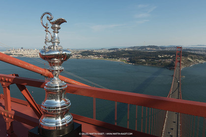 03 07 2013 - San Francisco (USA, CA) - 34th America's Cup - The America's Cup Trophy at the top of Golden Gate Bridge