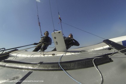 26 03 2013 - Marseille (FRA,13) - Ingrid Petitjean et Olivier backes training on their Nacra 17 in breezy conditions