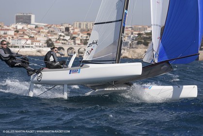26 03 2013 - Marseille (FRA,13) - Ingrid Petitjean et Olivier backes training on their Nacra 17 in breezy conditions